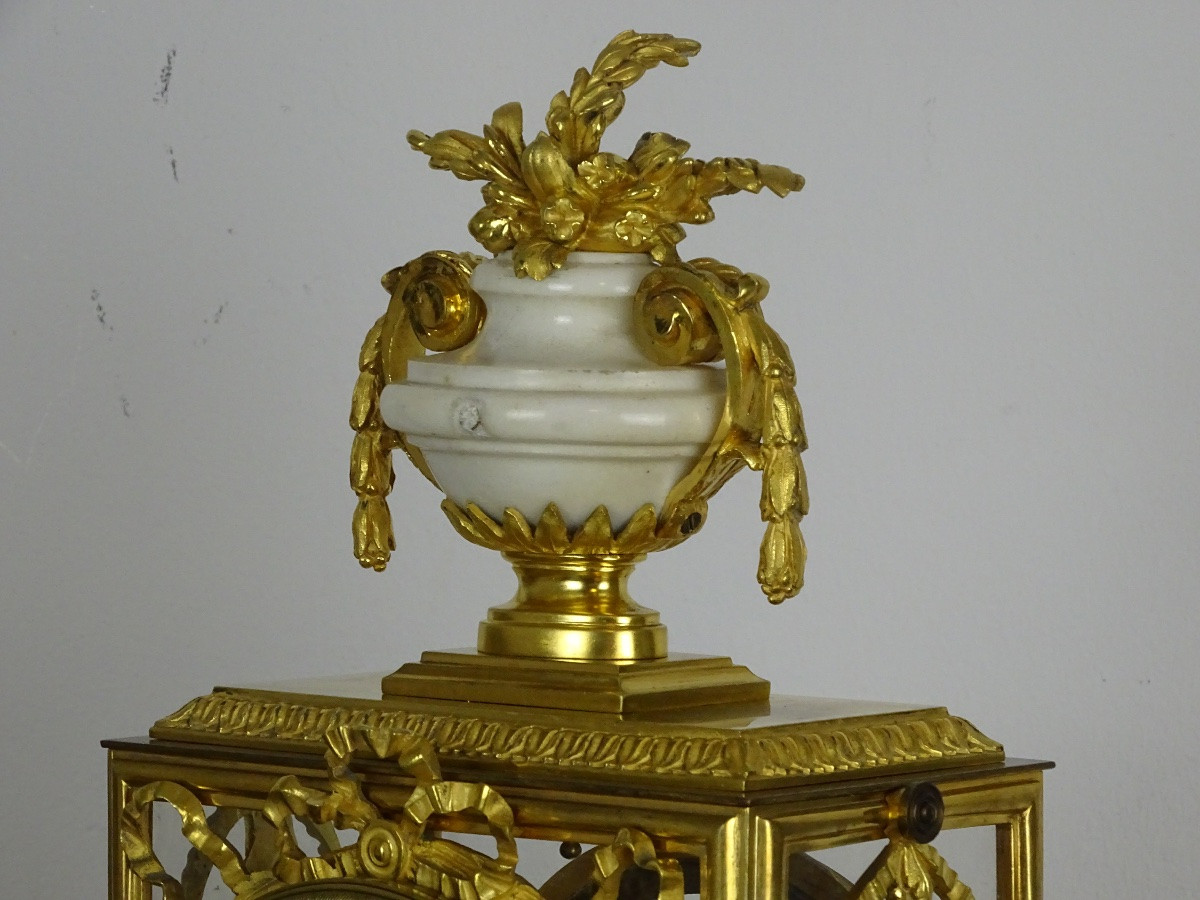 Louis XVI Style Mantel Set - Cage Clock And Its Candelabras - Marble And Bronze-photo-5