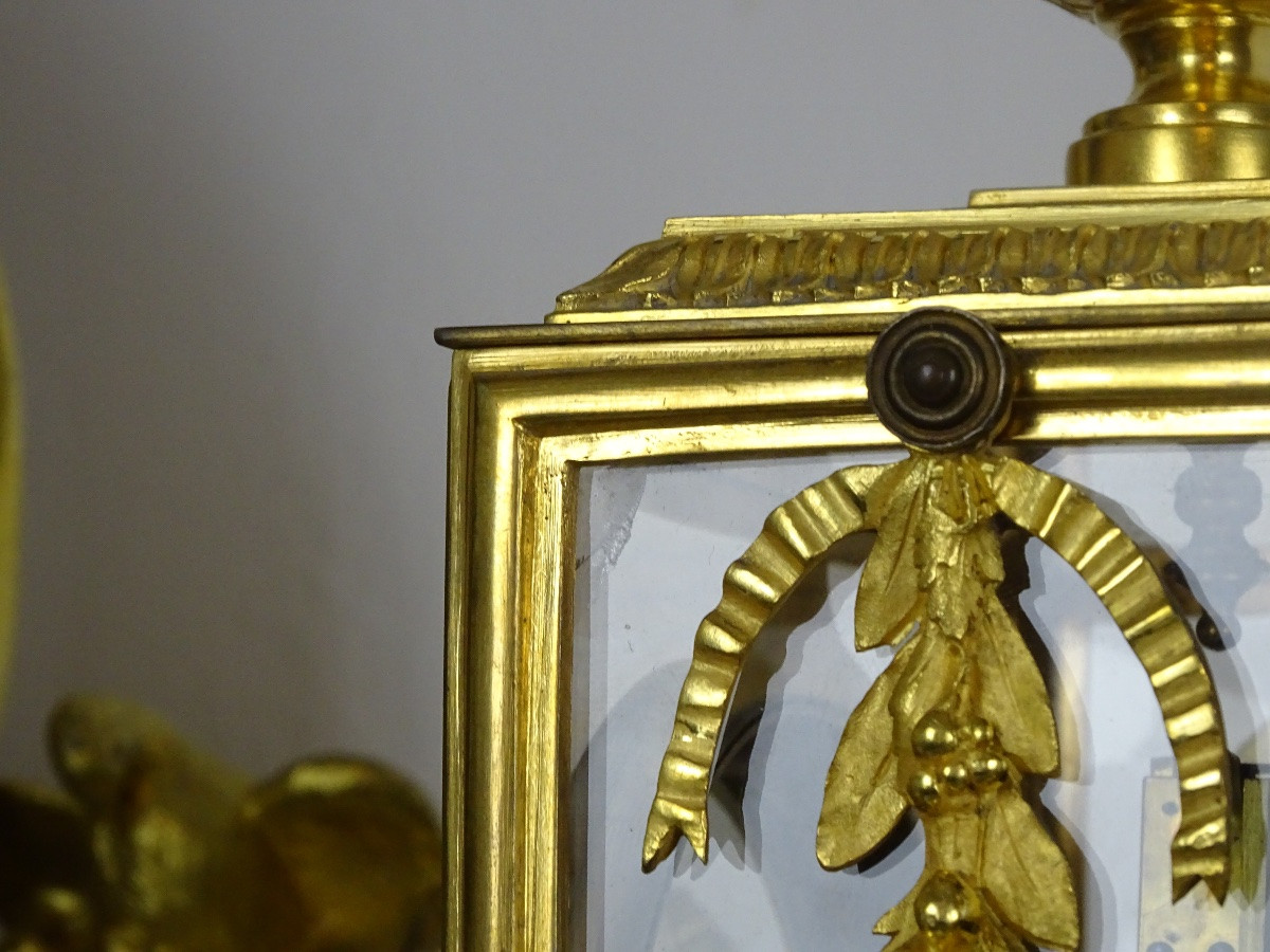 Louis XVI Style Mantel Set - Cage Clock And Its Candelabras - Marble And Bronze-photo-7