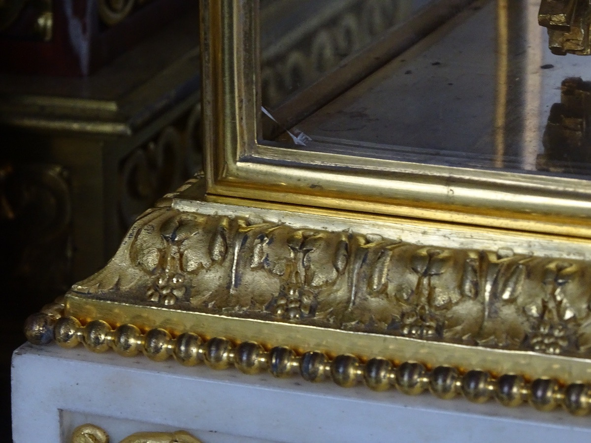 Louis XVI Style Mantel Set - Cage Clock And Its Candelabras - Marble And Bronze-photo-8