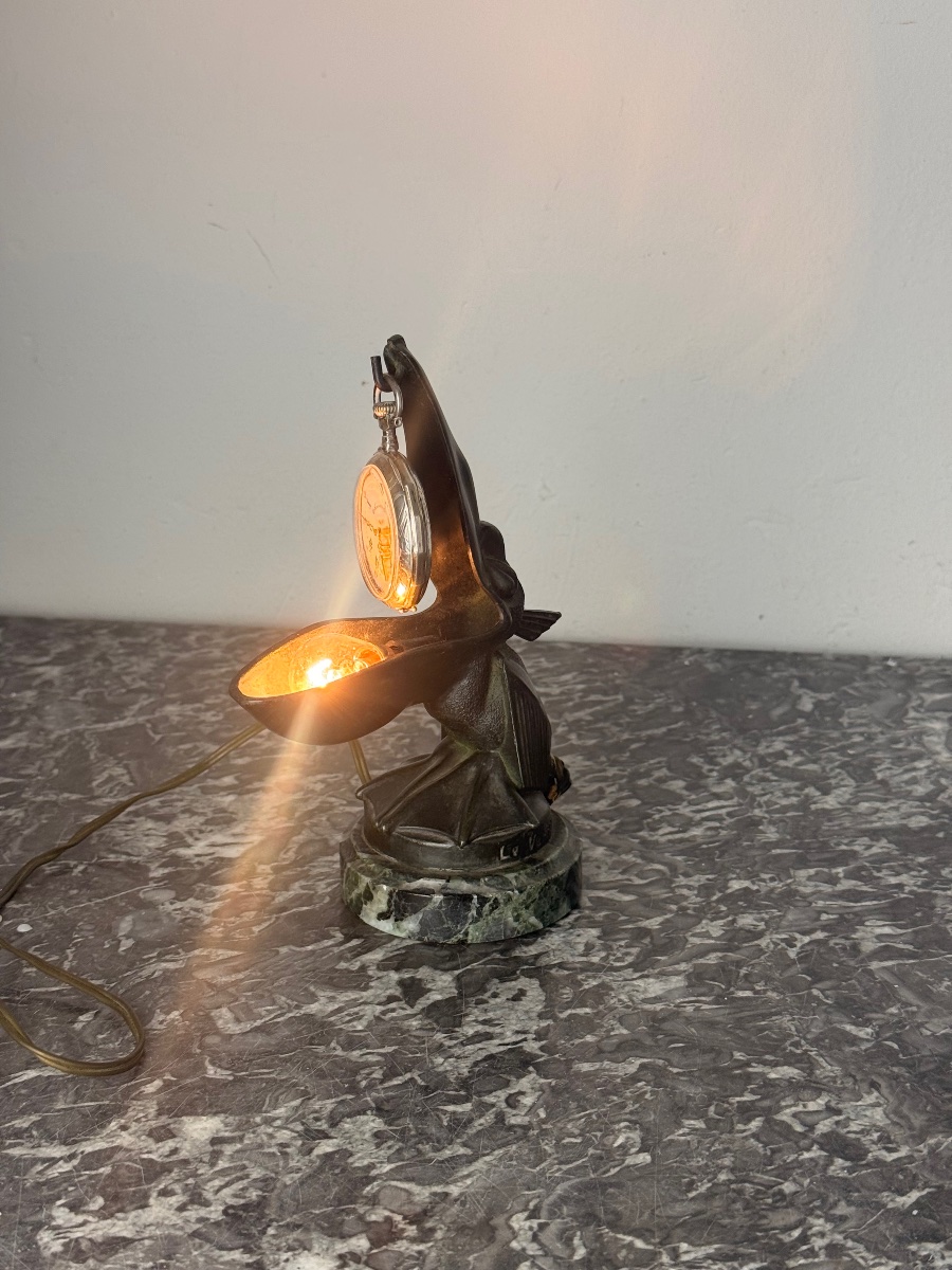 Max Le Verrier – “pelican” Lamp ” Art Deco Lamp Doubling As A Pocket Watch Holder Circa 1925-photo-2