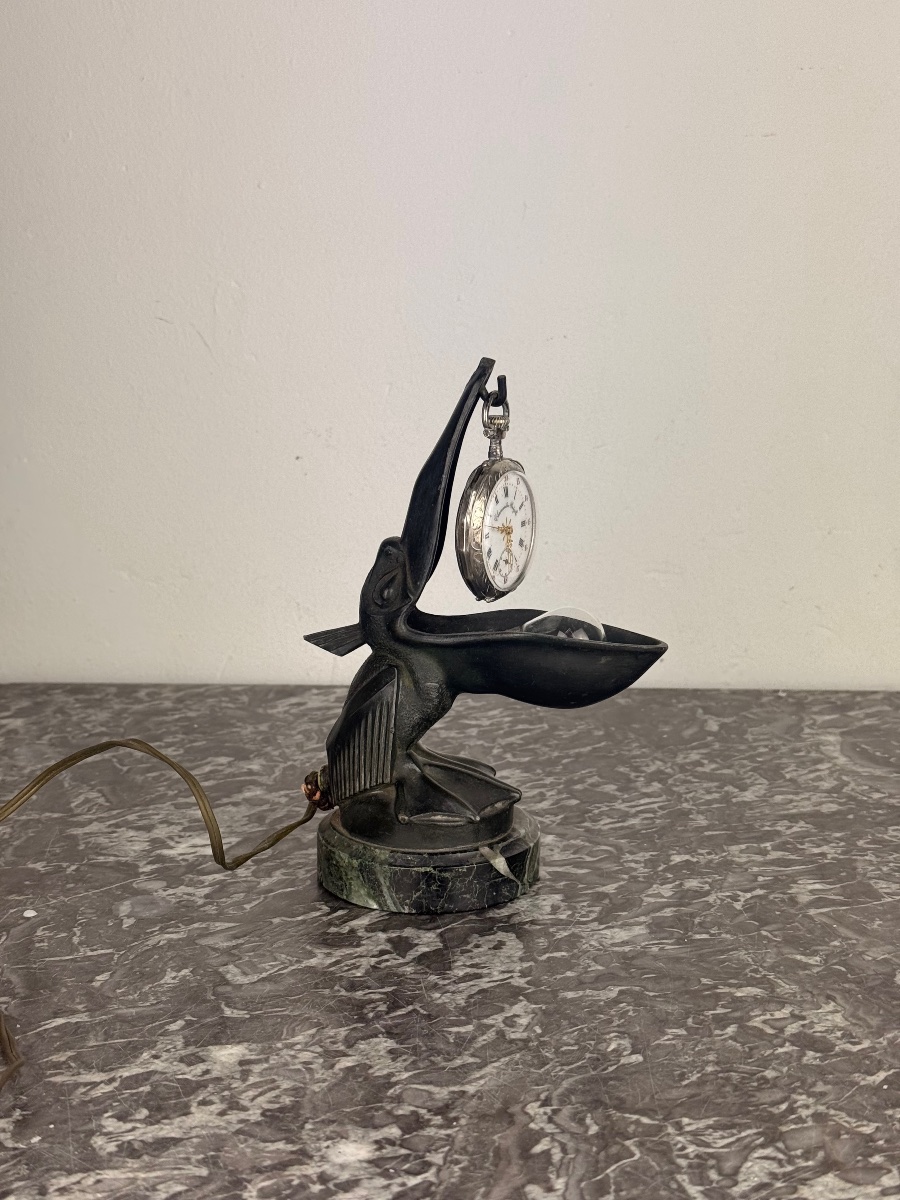 Max Le Verrier – “pelican” Lamp ” Art Deco Lamp Doubling As A Pocket Watch Holder Circa 1925-photo-3