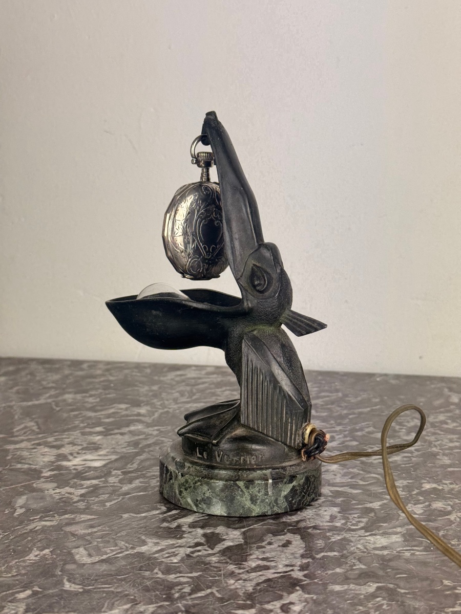 Max Le Verrier – “pelican” Lamp ” Art Deco Lamp Doubling As A Pocket Watch Holder Circa 1925-photo-4