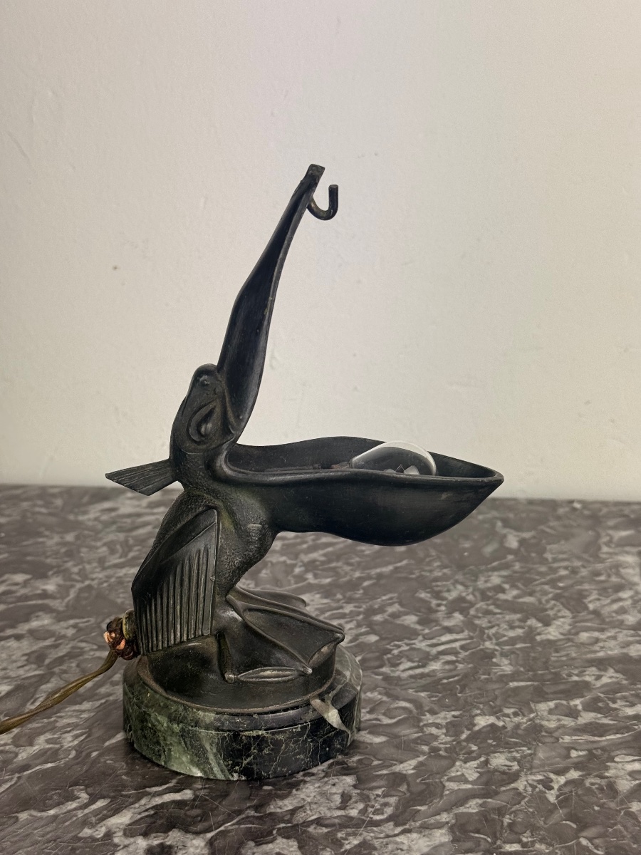 Max Le Verrier – “pelican” Lamp ” Art Deco Lamp Doubling As A Pocket Watch Holder Circa 1925-photo-2