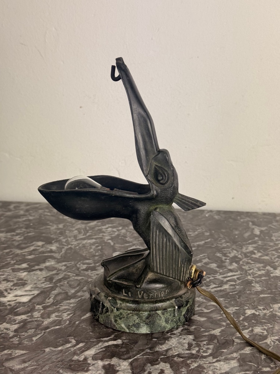Max Le Verrier – “pelican” Lamp ” Art Deco Lamp Doubling As A Pocket Watch Holder Circa 1925-photo-4