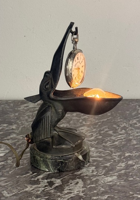 Max Le Verrier – “pelican” Lamp ” Art Deco Lamp Doubling As A Pocket Watch Holder Circa 1925