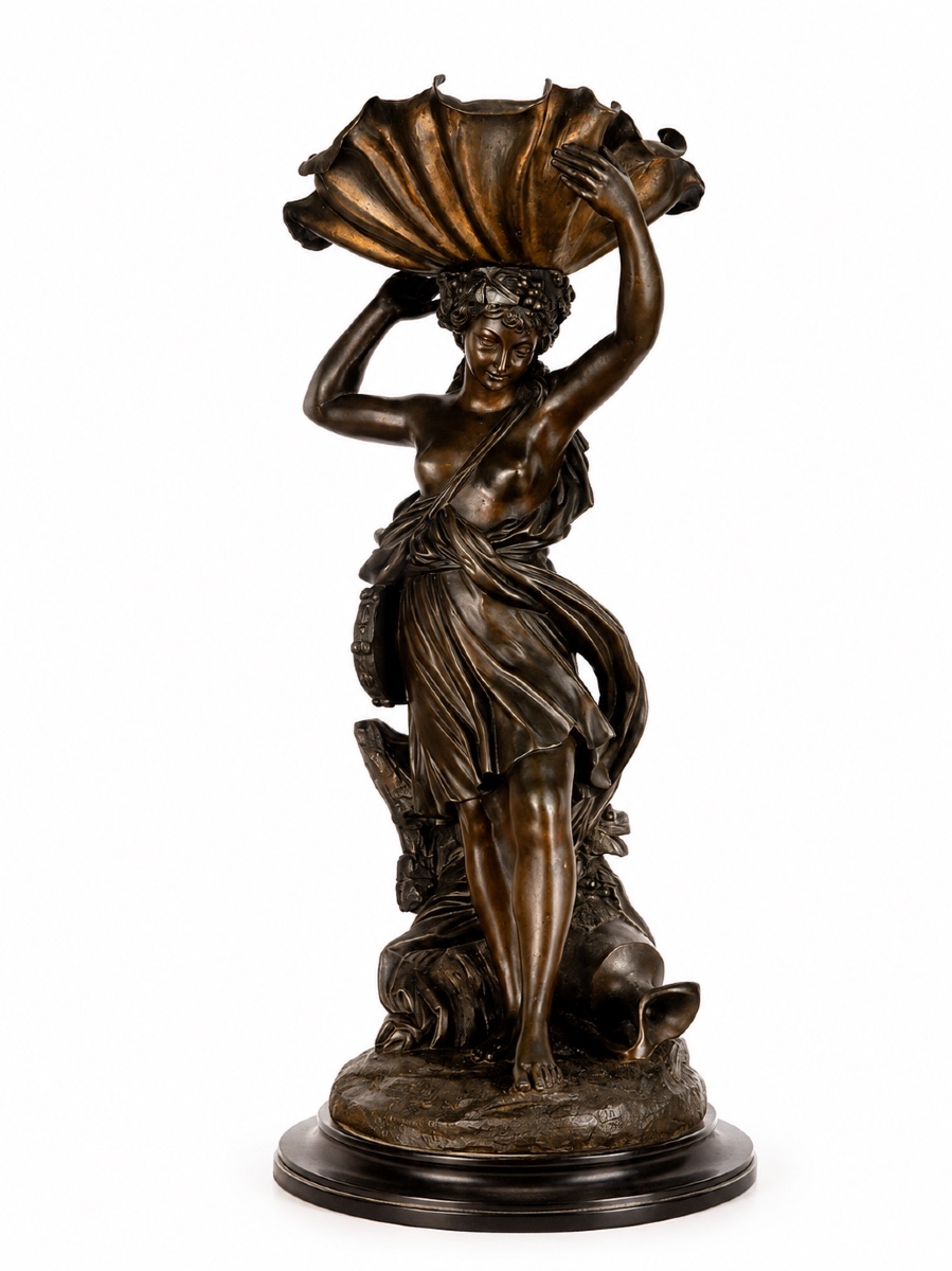 Henri Picard – Importante coupe aux pampres portée par une Bacchante – Bronze patiné, XIXᵉ