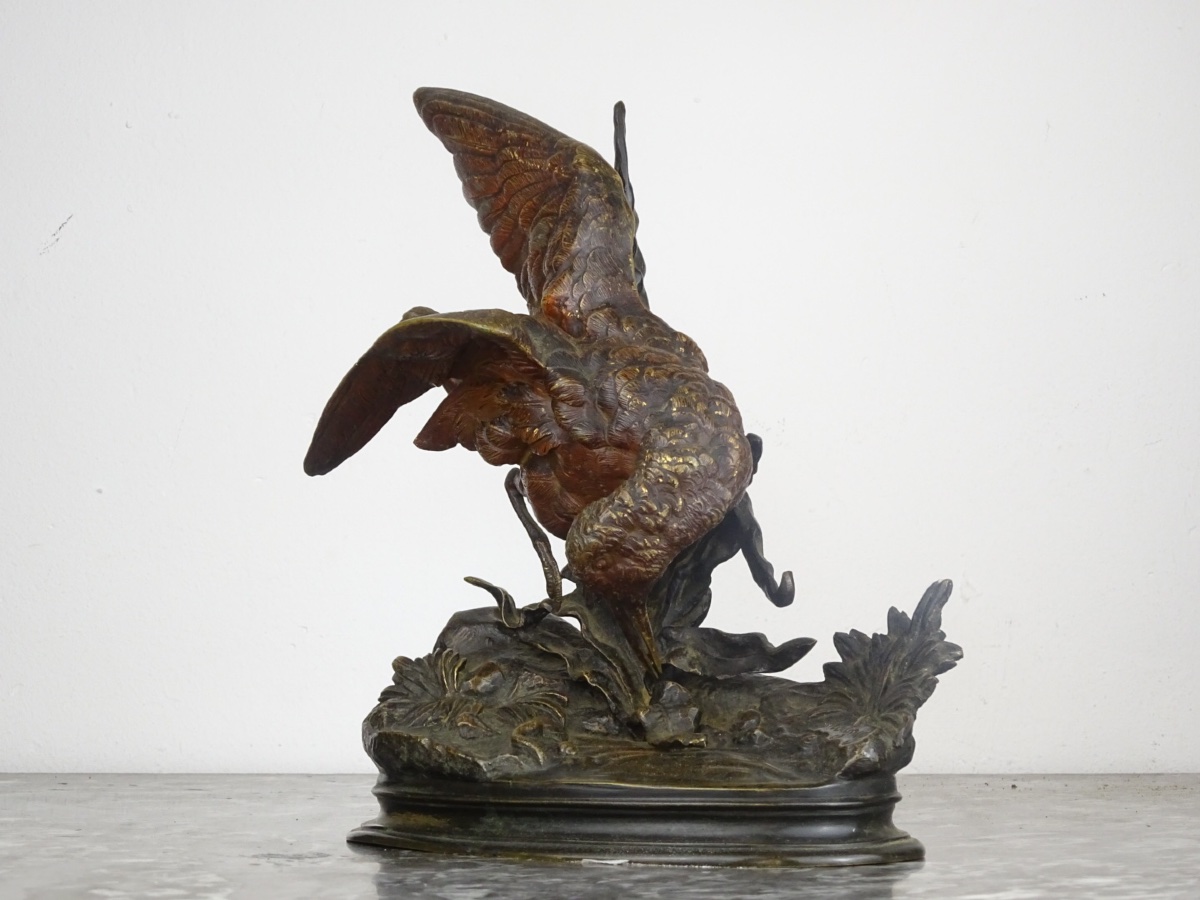 Jules Moigniez – Snipe In The Reeds – Bronze With Polychrome Patina, 19th Century