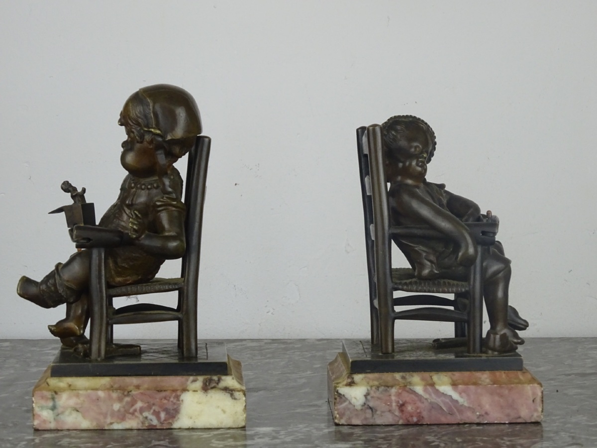 Pair Of Children's Bookends - Patinated Bronze On Marble - Late 19th Century, Early 20th Century. -photo-3