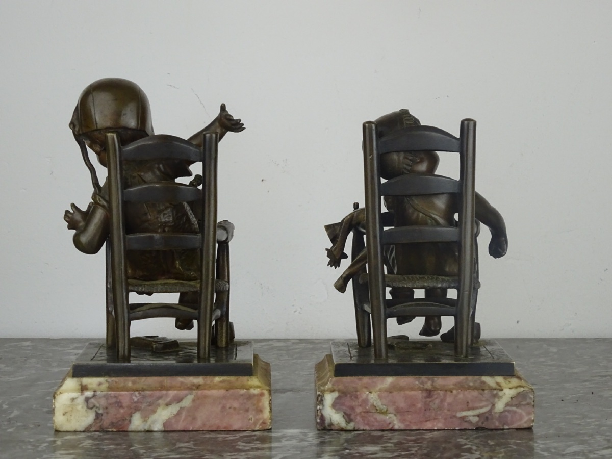 Pair Of Children's Bookends - Patinated Bronze On Marble - Late 19th Century, Early 20th Century. -photo-4