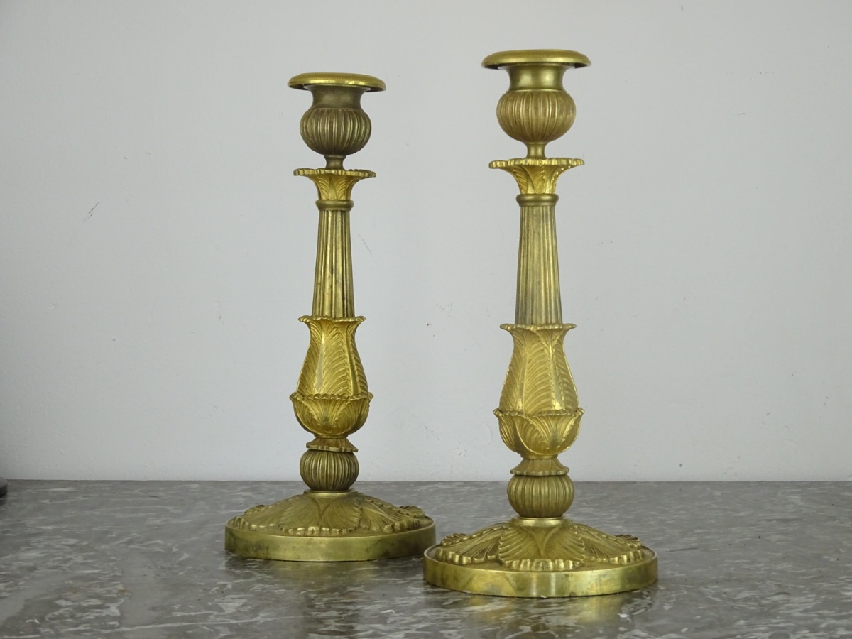 Pair Of Gilded Bronze Candlesticks / Torchholders, Restored - Circa 1820–1830