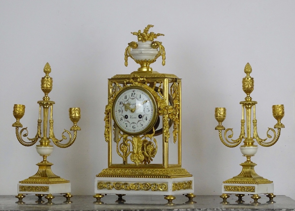 GARNITURE DE CHEMINÉE DE STYLE LOUIS XVI - PENDULE CAGE ET SES CANDÉLABRES - MARBRE ET BRONZE-photo-3