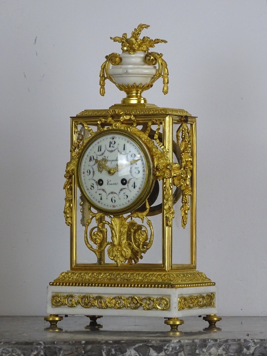 GARNITURE DE CHEMINÉE DE STYLE LOUIS XVI - PENDULE CAGE ET SES CANDÉLABRES - MARBRE ET BRONZE-photo-4