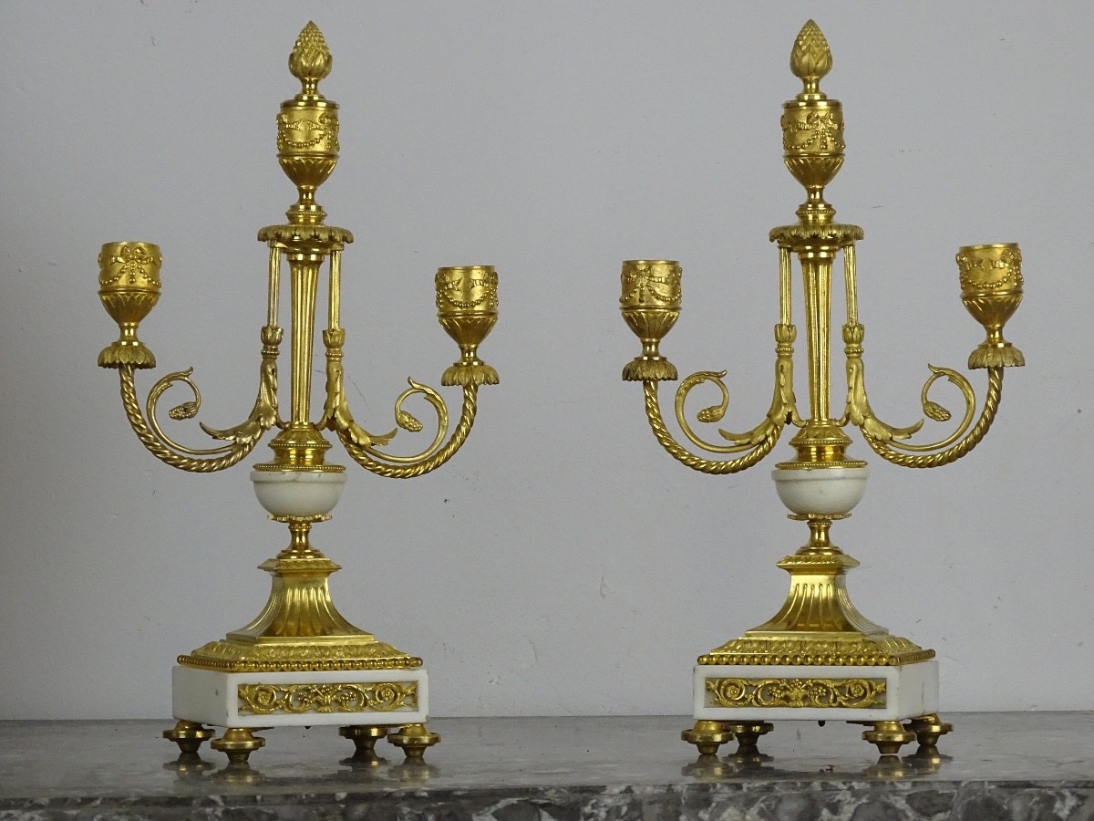 GARNITURE DE CHEMINÉE DE STYLE LOUIS XVI - PENDULE CAGE ET SES CANDÉLABRES - MARBRE ET BRONZE-photo-1