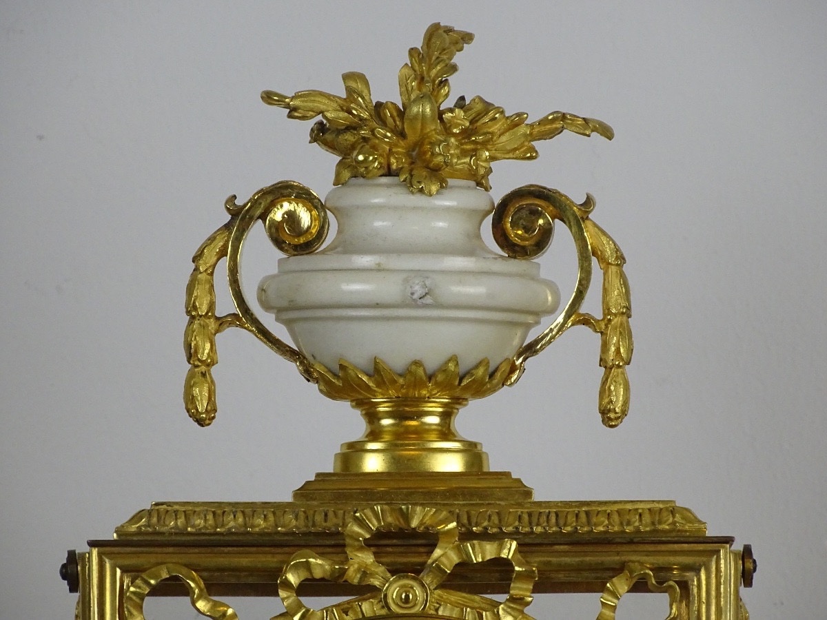 GARNITURE DE CHEMINÉE DE STYLE LOUIS XVI - PENDULE CAGE ET SES CANDÉLABRES - MARBRE ET BRONZE-photo-2