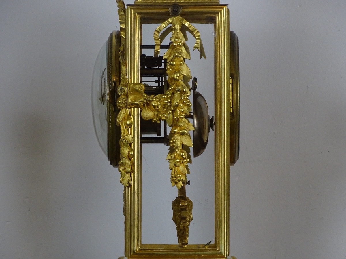 GARNITURE DE CHEMINÉE DE STYLE LOUIS XVI - PENDULE CAGE ET SES CANDÉLABRES - MARBRE ET BRONZE-photo-3