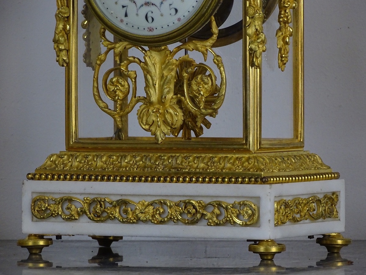 GARNITURE DE CHEMINÉE DE STYLE LOUIS XVI - PENDULE CAGE ET SES CANDÉLABRES - MARBRE ET BRONZE-photo-4