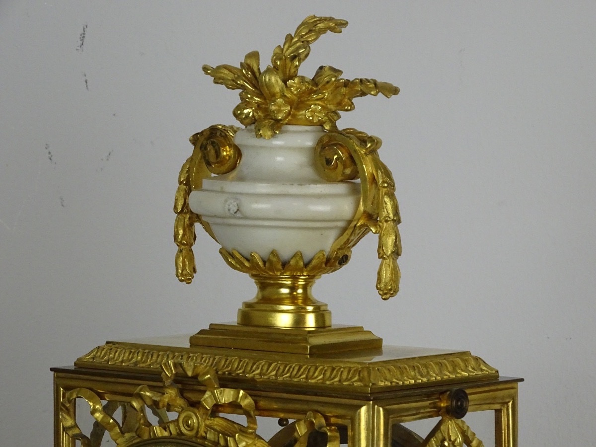 GARNITURE DE CHEMINÉE DE STYLE LOUIS XVI - PENDULE CAGE ET SES CANDÉLABRES - MARBRE ET BRONZE-photo-6
