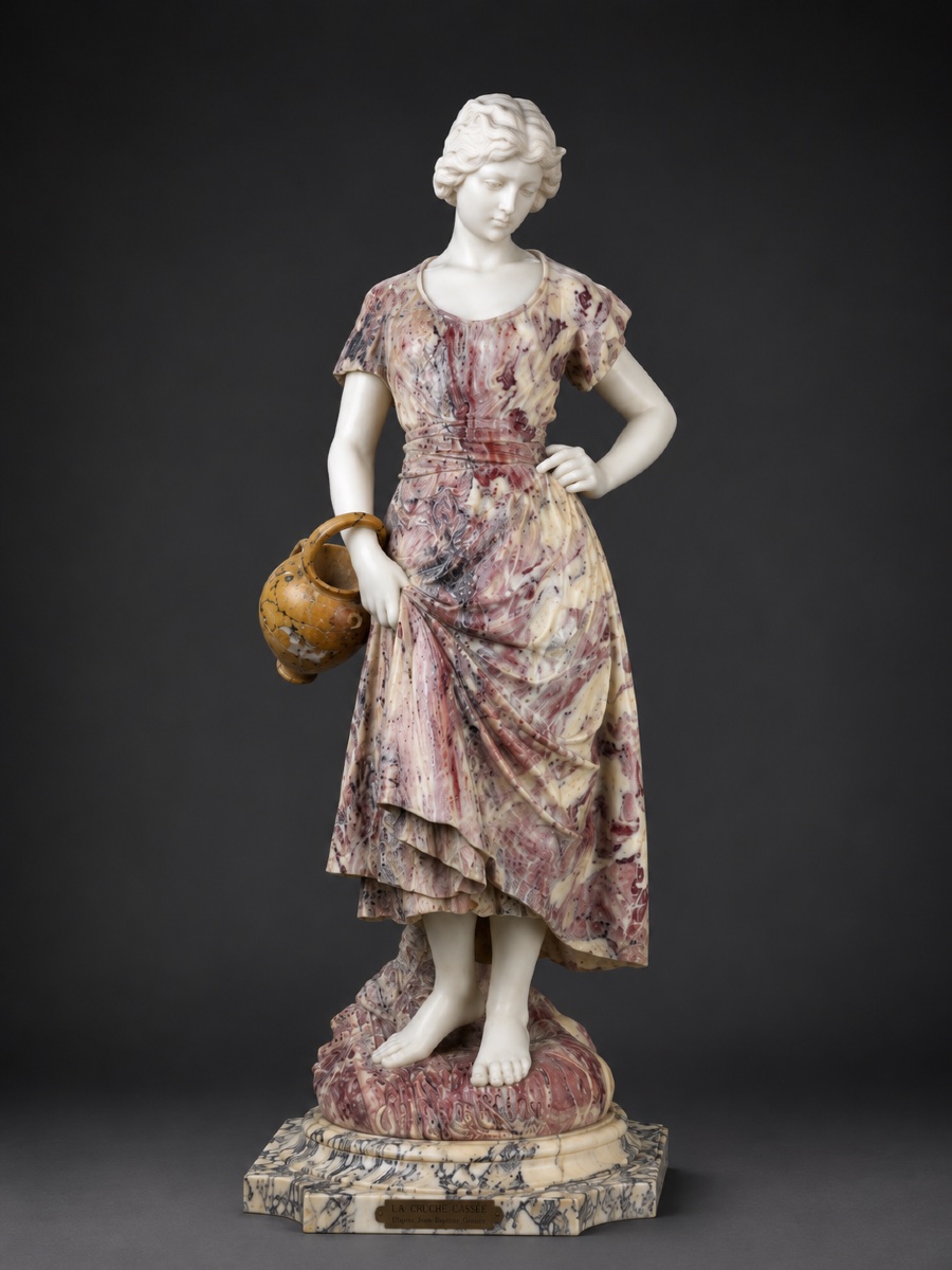 Luca Madrassi - Major Sculpture In Three Types Of Marble - Grief, The Young Girl With The Broken Jug