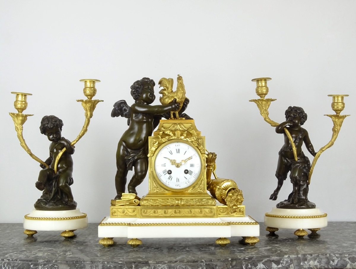 CLODION - Pendule - Garniture de Cheminée en Marbre, Bronze Doré et Patiné, Époque Napoléon III