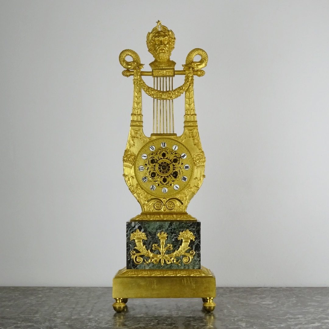 Rabiat Frères - Empire-period Lyre Clock In Gilded Bronze And Sea Green Marble, Circa 1816-photo-2