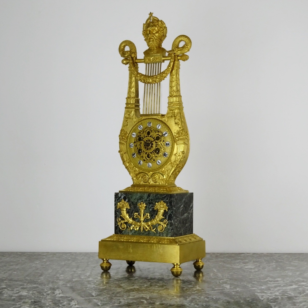 Rabiat Frères - Empire-period Lyre Clock In Gilded Bronze And Sea Green Marble, Circa 1816