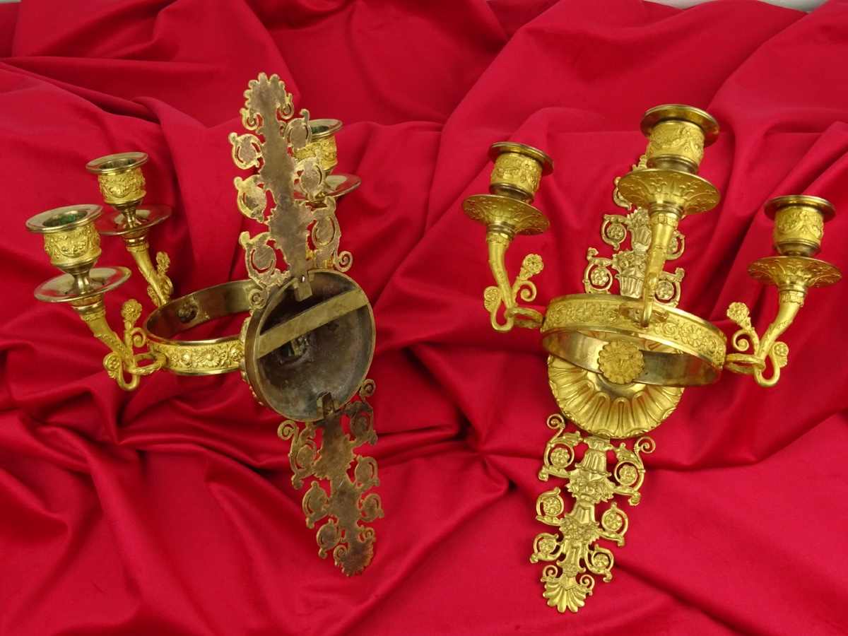 Paire d’Appliques en Bronze Doré d’Époque Empire - 3 Bras de Lumière - Paris vers 1810-photo-2
