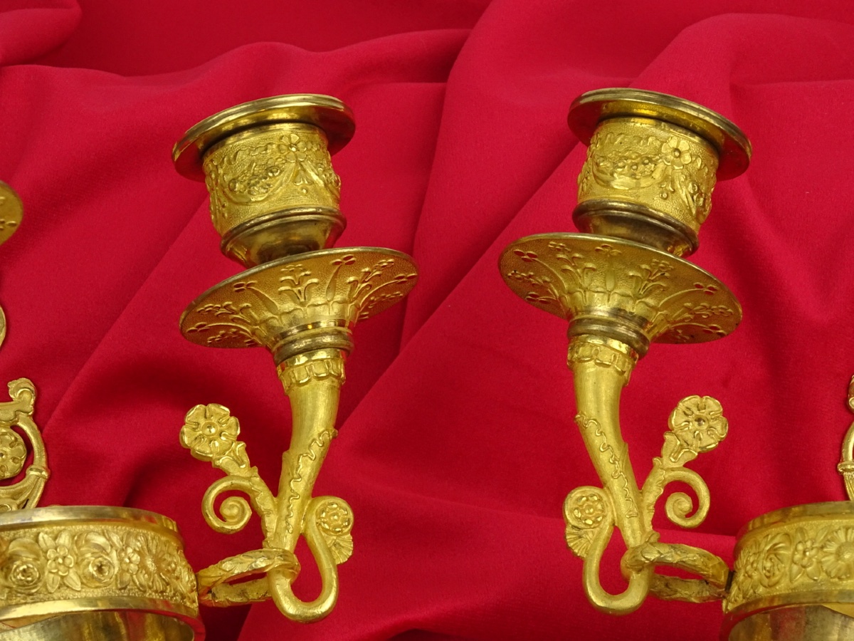 Paire d’Appliques en Bronze Doré d’Époque Empire - 3 Bras de Lumière - Paris vers 1810-photo-1