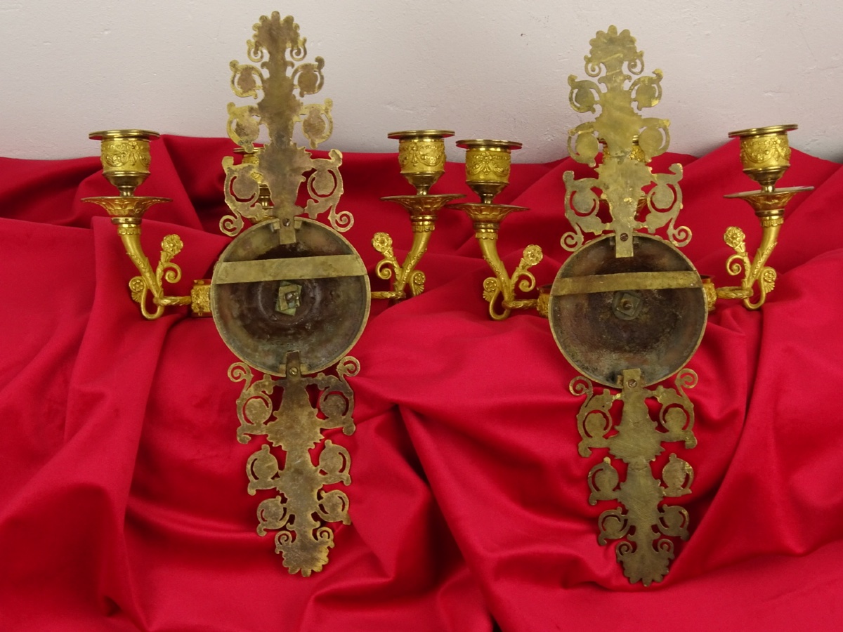 Paire d’Appliques en Bronze Doré d’Époque Empire - 3 Bras de Lumière - Paris vers 1810-photo-5