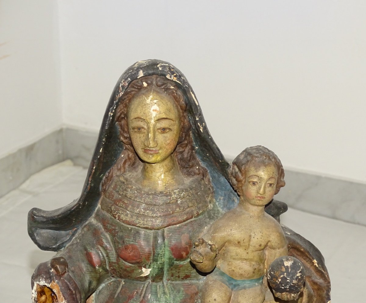 18 ème Siècle - Vierge à l'Enfant En Bois Polychrome d'époque-photo-2