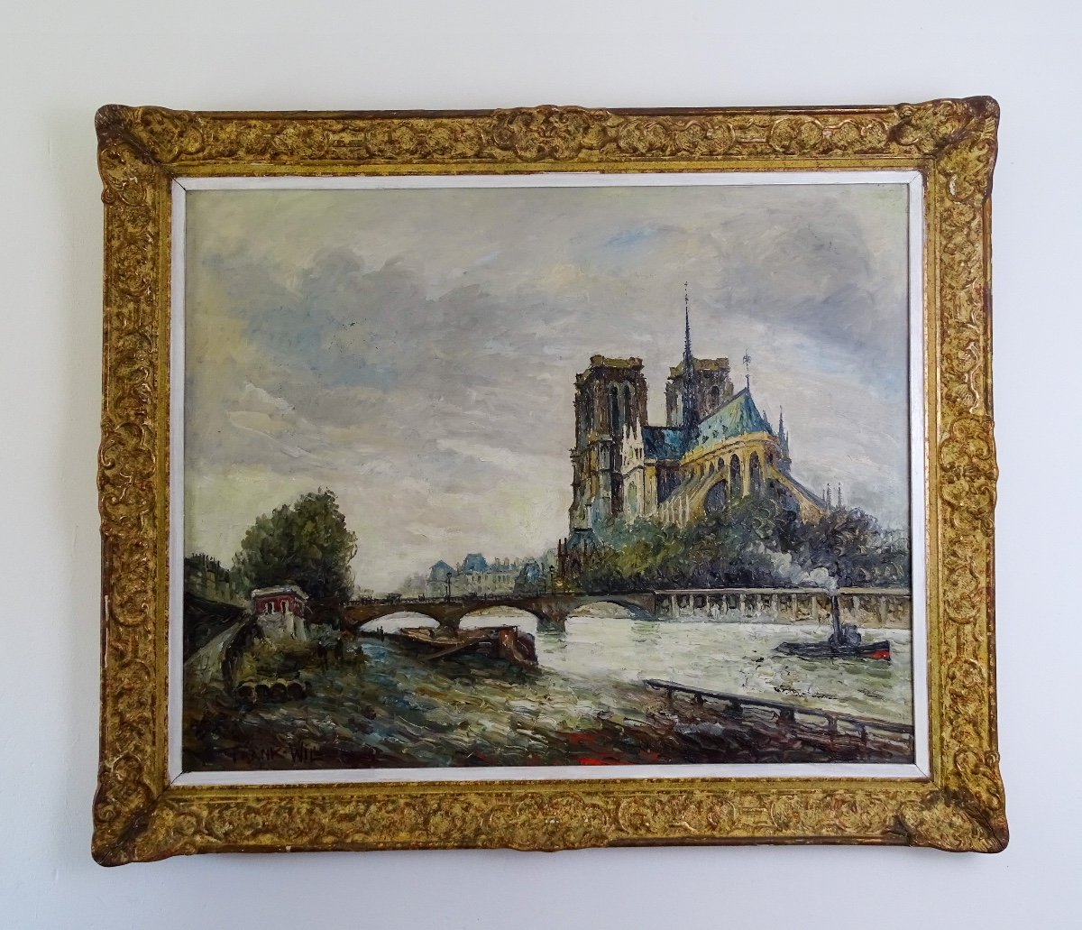 Frank Will - Grand Tableau, Huile sur Toile Représentant Notre Dame De Paris. 