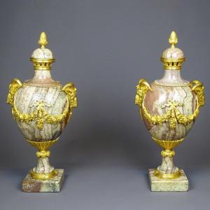 Pair Of Louis XVI Style Cassolettes In Marble And Gilt Bronze