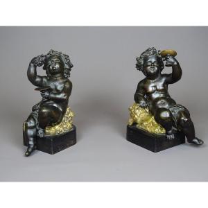 Pair Of Putti / Cherubs In Bronze With Two Patinas