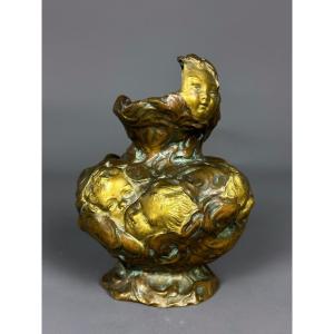 Jules Meliodon - "face" - Vase En Bronze à Deux Patines 