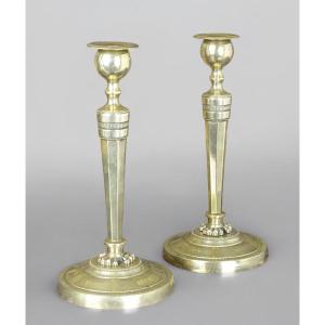 André Antoine Ravrio - Pair Of Bronze Candlesticks - Torches From The Consulate Period
