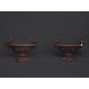 Pair Of Large Cast Iron Vases Decorated With Griffins, France, 19th Century