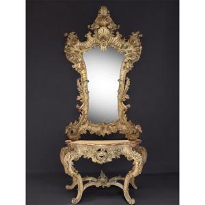 Monumental Console And Mirror In The Venetian Rococo Style – Italy, 19th Century – Height 3.30 M