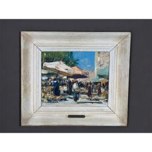Merio Ameglio – “view Of A Market” – Oil On Cardboard, Lively Provençal Scene