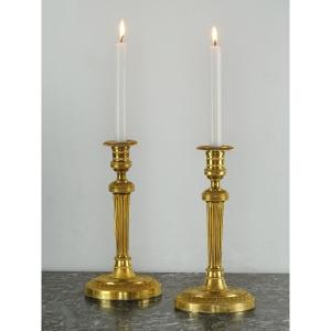 Pair Of Gilt Bronze Candlesticks - Claude Galle Or Ravrio - Louis XVI Period - Directoire