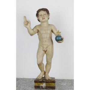 Importante statue de l’Enfant Jésus Salvator Mundi, sculpture religieuse en bois polychrome