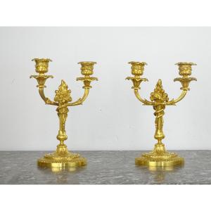 Paire de Bougeoirs - Candélabres en Bronze Doré de Style Louis XVI d'époque Napoléon III
