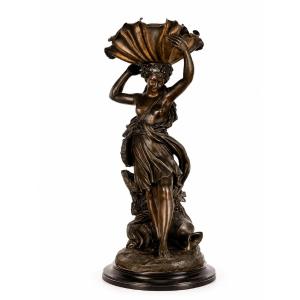 Henri Picard – Large Vase Of Grapevines Carried By A Bacchante – Patinated Bronze, 19th Century