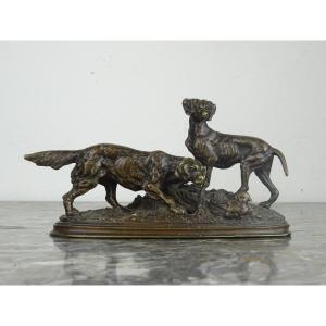 Paul-édouard Delabrièrre – Spaniels On The Hunt – Miniature Animal Bronze Sculpture, 19th Century