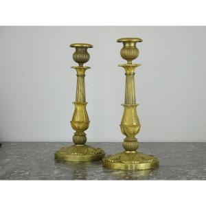 Paire de Flambeaux / Bougeoirs en Bronze Doré d'époque Restauration - Circa 1820-1830