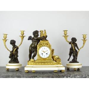 CLODION - Pendule - Garniture de Cheminée en Marbre, Bronze Doré et Patiné, Époque Napoléon III