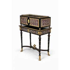 Jardinière de Milieu et son Piètement en Émail Cloisonné, Bois Noirci et Bronze Doré