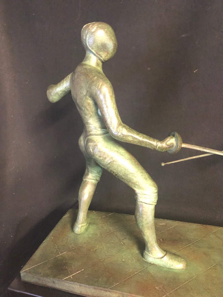 E. MARDINI Fleurettistes IMPORTANT Bronze Art Deco 67 cm 23 Kgs Fleuret Escrime Escrimeur Sport-photo-4