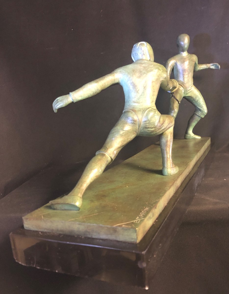 E. MARDINI Fleurettistes IMPORTANT Bronze Art Deco 67 cm 23 Kgs Fleuret Escrime Escrimeur Sport-photo-4