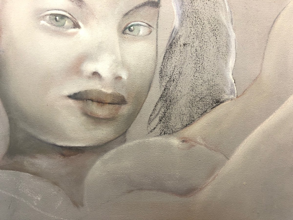 Guy PATRIER XXe Grande huile 81x116cm Jeune femme aux nattes Fond d’atelier 26-photo-2