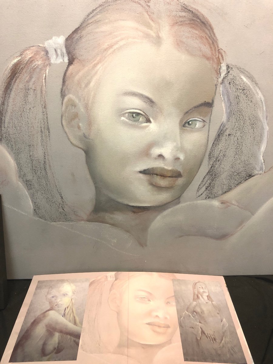 Guy PATRIER XXe Grande huile 81x116cm Jeune femme aux nattes Fond d’atelier 26-photo-4
