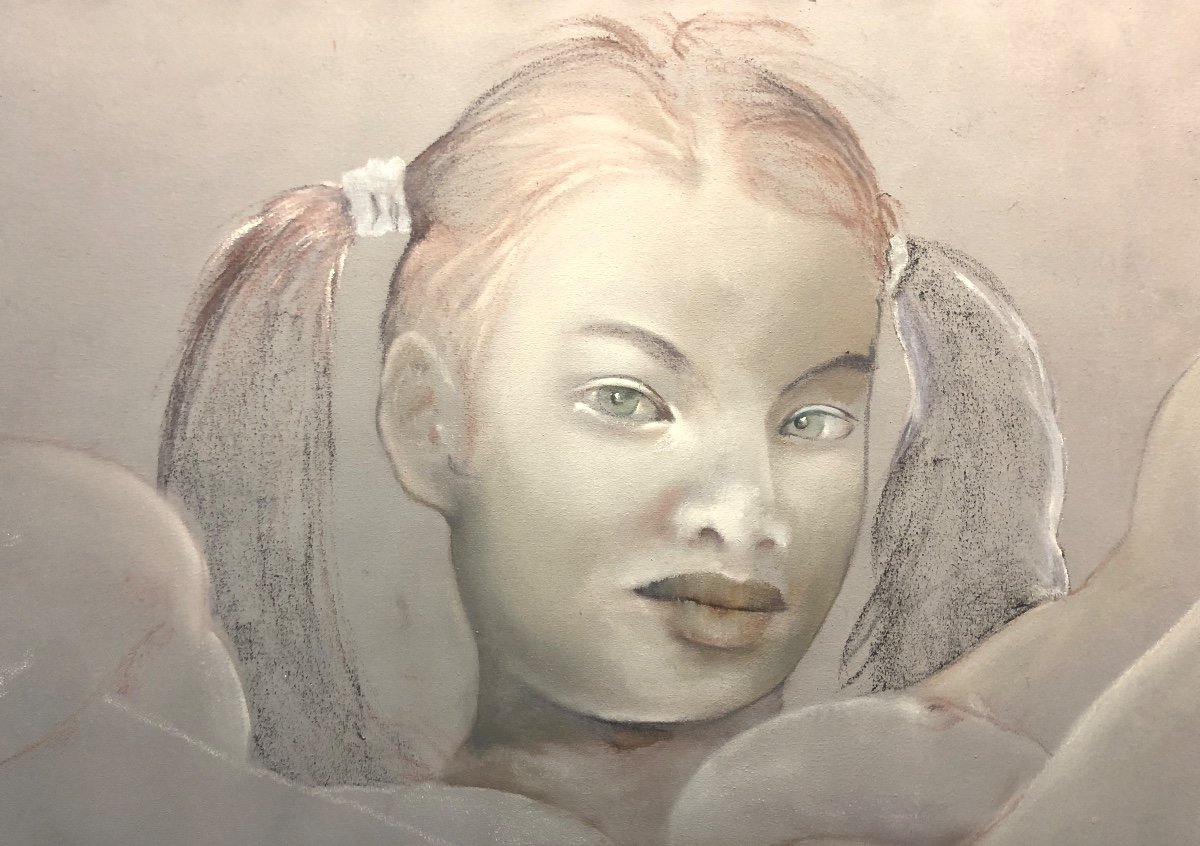Guy PATRIER XXe Grande huile 81x116cm Jeune femme aux nattes Fond d’atelier 26-photo-3